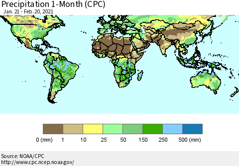 World Precipitation 1-Month (CPC) Thematic Map For 1/21/2021 - 2/20/2021