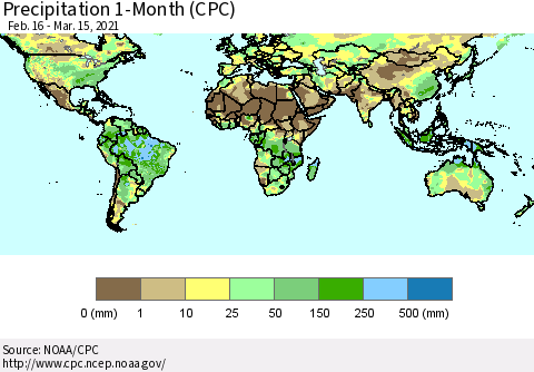 World Precipitation 1-Month (CPC) Thematic Map For 2/16/2021 - 3/15/2021