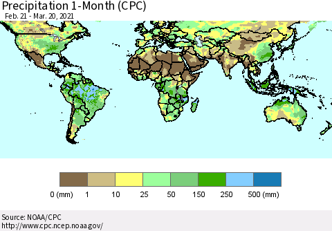 World Precipitation 1-Month (CPC) Thematic Map For 2/21/2021 - 3/20/2021