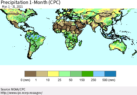 World Precipitation 1-Month (CPC) Thematic Map For 3/1/2021 - 3/31/2021