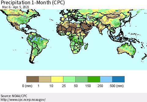 World Precipitation 1-Month (CPC) Thematic Map For 3/6/2021 - 4/5/2021