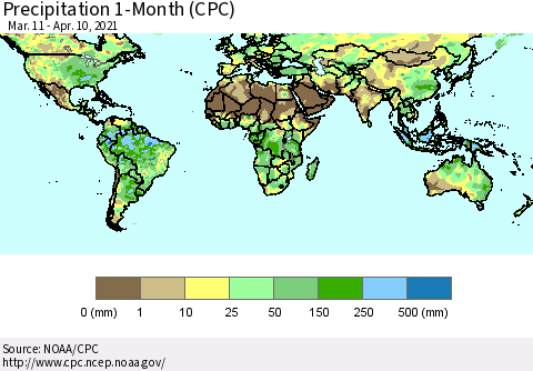 World Precipitation 1-Month (CPC) Thematic Map For 3/11/2021 - 4/10/2021