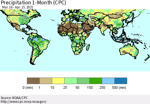 World Precipitation 1-Month (CPC) Thematic Map For 3/16/2021 - 4/15/2021