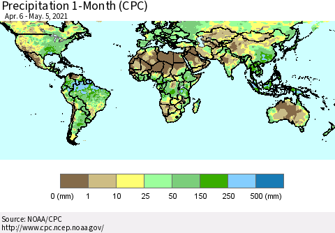 World Precipitation 1-Month (CPC) Thematic Map For 4/6/2021 - 5/5/2021