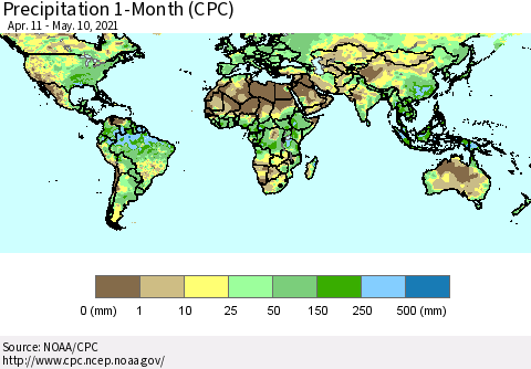 World Precipitation 1-Month (CPC) Thematic Map For 4/11/2021 - 5/10/2021