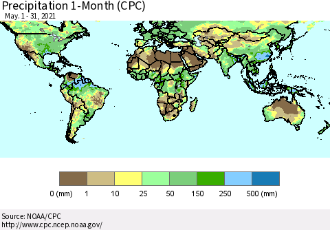 World Precipitation 1-Month (CPC) Thematic Map For 5/1/2021 - 5/31/2021