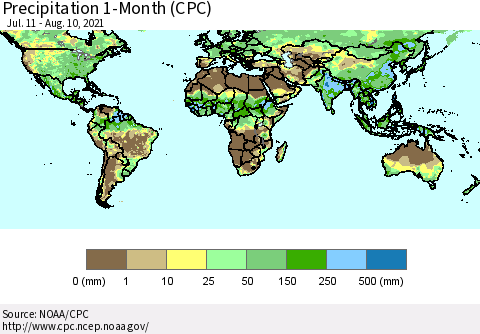 World Precipitation 1-Month (CPC) Thematic Map For 7/11/2021 - 8/10/2021