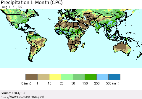 World Precipitation 1-Month (CPC) Thematic Map For 8/1/2021 - 8/31/2021