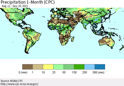 World Precipitation 1-Month (CPC) Thematic Map For 8/11/2021 - 9/10/2021