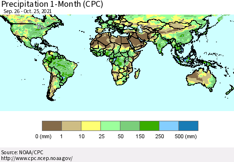 World Precipitation 1-Month (CPC) Thematic Map For 9/26/2021 - 10/25/2021