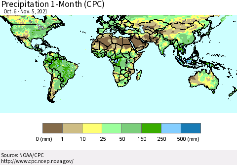 World Precipitation 1-Month (CPC) Thematic Map For 10/6/2021 - 11/5/2021