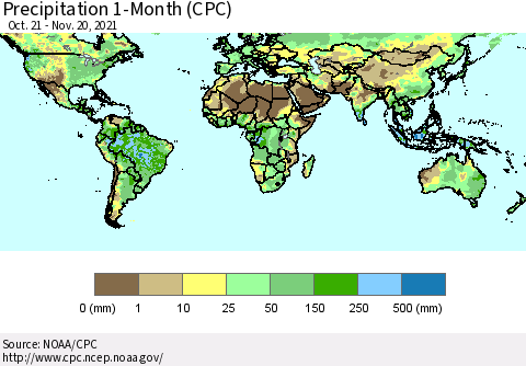 World Precipitation 1-Month (CPC) Thematic Map For 10/21/2021 - 11/20/2021