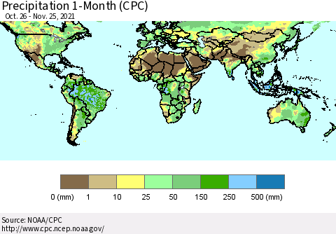 World Precipitation 1-Month (CPC) Thematic Map For 10/26/2021 - 11/25/2021