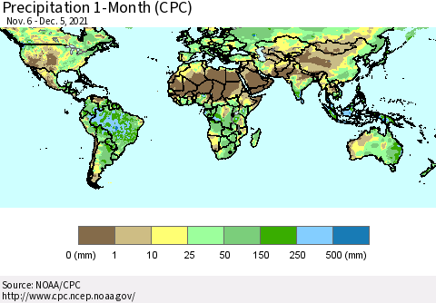 World Precipitation 1-Month (CPC) Thematic Map For 11/6/2021 - 12/5/2021