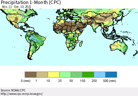 World Precipitation 1-Month (CPC) Thematic Map For 11/11/2021 - 12/10/2021