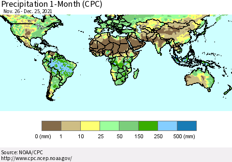 World Precipitation 1-Month (CPC) Thematic Map For 11/26/2021 - 12/25/2021