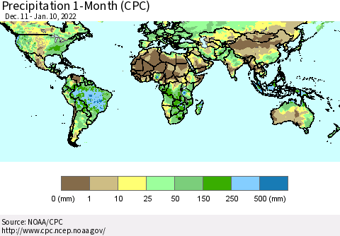 World Precipitation 1-Month (CPC) Thematic Map For 12/11/2021 - 1/10/2022