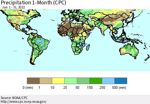 World Precipitation 1-Month (CPC) Thematic Map For 1/1/2022 - 1/31/2022