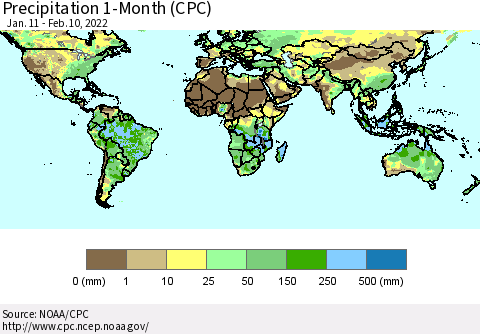 World Precipitation 1-Month (CPC) Thematic Map For 1/11/2022 - 2/10/2022