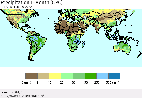 World Precipitation 1-Month (CPC) Thematic Map For 1/16/2022 - 2/15/2022