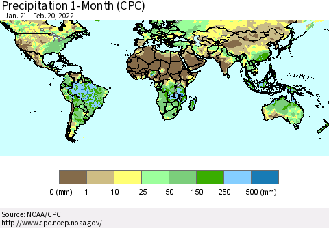 World Precipitation 1-Month (CPC) Thematic Map For 1/21/2022 - 2/20/2022