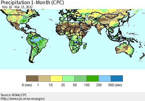World Precipitation 1-Month (CPC) Thematic Map For 2/16/2022 - 3/15/2022
