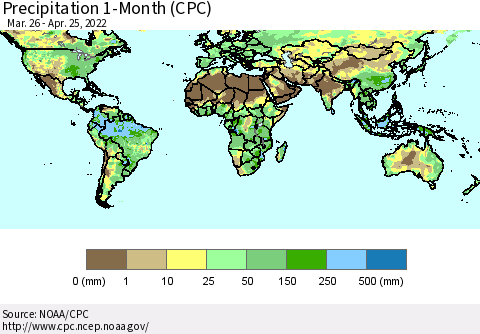 World Precipitation 1-Month (CPC) Thematic Map For 3/26/2022 - 4/25/2022