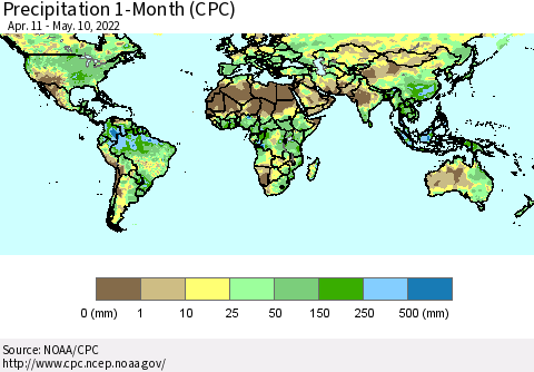 World Precipitation 1-Month (CPC) Thematic Map For 4/11/2022 - 5/10/2022