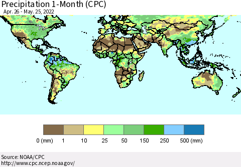 World Precipitation 1-Month (CPC) Thematic Map For 4/26/2022 - 5/25/2022