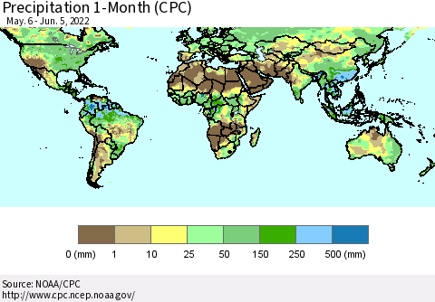 World Precipitation 1-Month (CPC) Thematic Map For 5/6/2022 - 6/5/2022
