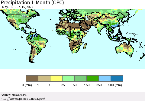World Precipitation 1-Month (CPC) Thematic Map For 5/16/2022 - 6/15/2022