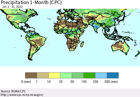 World Precipitation 1-Month (CPC) Thematic Map For 7/1/2022 - 7/31/2022