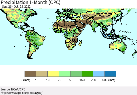 World Precipitation 1-Month (CPC) Thematic Map For 9/26/2022 - 10/25/2022
