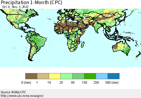 World Precipitation 1-Month (CPC) Thematic Map For 10/6/2022 - 11/5/2022