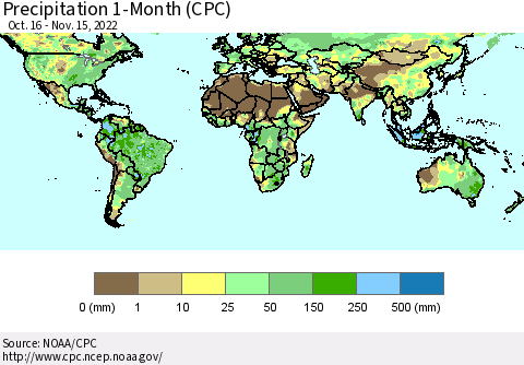 World Precipitation 1-Month (CPC) Thematic Map For 10/16/2022 - 11/15/2022