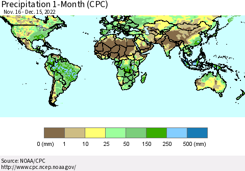 World Precipitation 1-Month (CPC) Thematic Map For 11/16/2022 - 12/15/2022