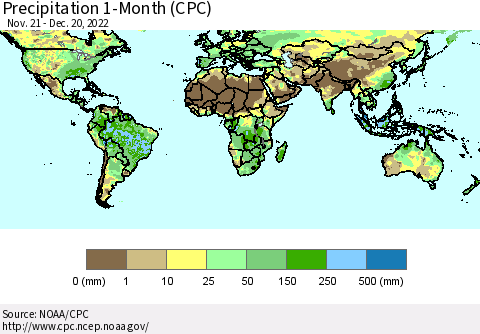 World Precipitation 1-Month (CPC) Thematic Map For 11/21/2022 - 12/20/2022