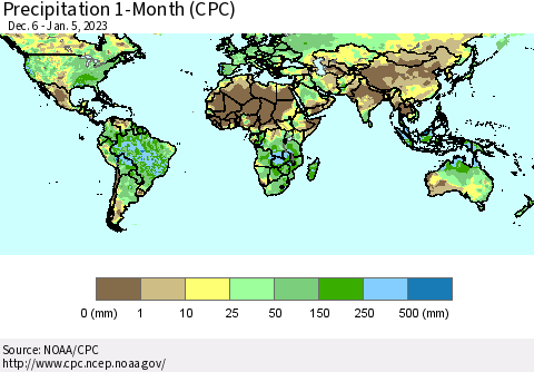 World Precipitation 1-Month (CPC) Thematic Map For 12/6/2022 - 1/5/2023