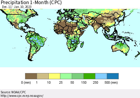 World Precipitation 1-Month (CPC) Thematic Map For 12/11/2022 - 1/10/2023