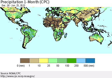 World Precipitation 1-Month (CPC) Thematic Map For 12/26/2022 - 1/25/2023