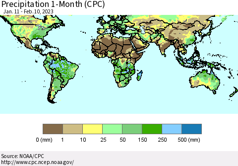 World Precipitation 1-Month (CPC) Thematic Map For 1/11/2023 - 2/10/2023