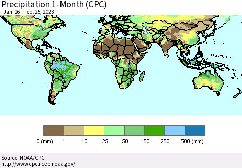 World Precipitation 1-Month (CPC) Thematic Map For 1/26/2023 - 2/25/2023