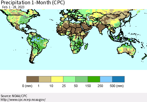World Precipitation 1-Month (CPC) Thematic Map For 2/1/2023 - 2/28/2023