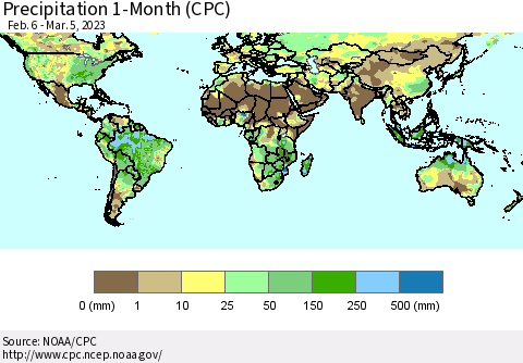 World Precipitation 1-Month (CPC) Thematic Map For 2/6/2023 - 3/5/2023