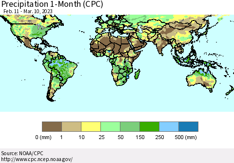 World Precipitation 1-Month (CPC) Thematic Map For 2/11/2023 - 3/10/2023