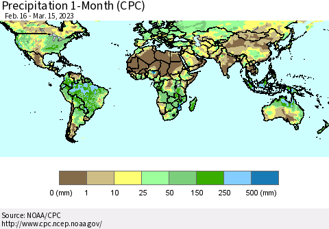 World Precipitation 1-Month (CPC) Thematic Map For 2/16/2023 - 3/15/2023