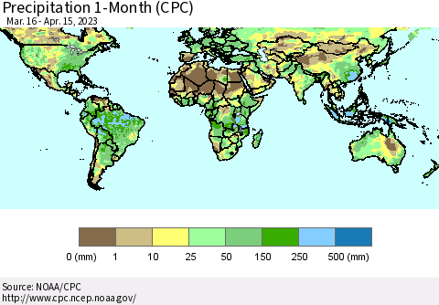 World Precipitation 1-Month (CPC) Thematic Map For 3/16/2023 - 4/15/2023
