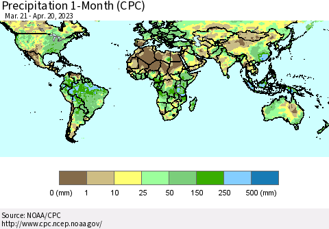 World Precipitation 1-Month (CPC) Thematic Map For 3/21/2023 - 4/20/2023