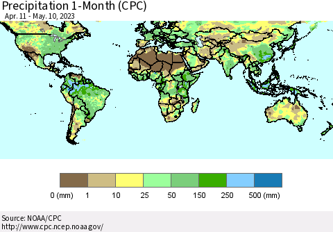 World Precipitation 1-Month (CPC) Thematic Map For 4/11/2023 - 5/10/2023