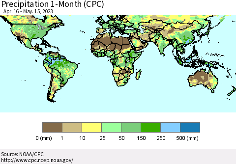 World Precipitation 1-Month (CPC) Thematic Map For 4/16/2023 - 5/15/2023